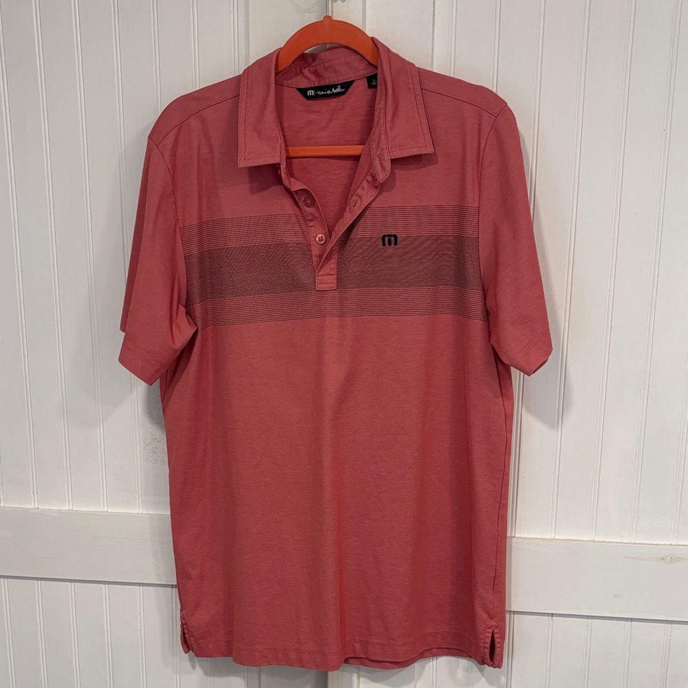 Travis Mathew Coral Polo Shirt with black stripes size L